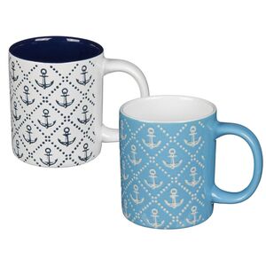 Tasse aus Steingut mit Anker Motiv ca. 325 ml und Rautenmuster Kaffeebecher