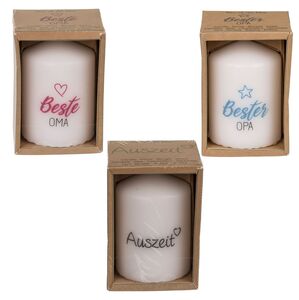 Stumpenkerze wei� ca. 6x8 cm verschiedene Schriftz�ge Kerze