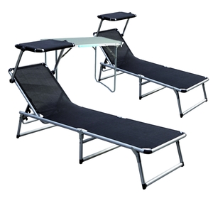 2 St�ck Aluminium Gartenliege schwarz mit Dach L188xB57cm + Beistelltisch