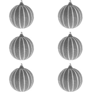 6-tlg. Weihnachtsbaumkugeln Streifen beflockt Glitzer Silber  8cm