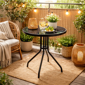 Gartentisch Bistrotisch Rund 60xH70cm Glas/Metall schwarz Balkontisch