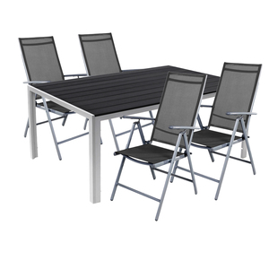 5 teilige Gartengarnitur Aluminium Anthrazit Non-Wood 150x90cm + 4 Hochlehner mit Textilen 