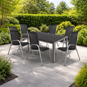 7tlg Gartenm�bel Set Alu Silber Non-Wood 180x90cm + 6 Stapelst�hlen  