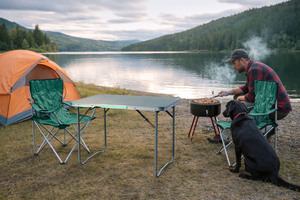 3tlg Camping Set Outdoor Gr�n Anglerstuhl +Tasche Klapptisch 80x60cm