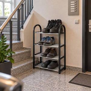 Schuhregal Regal Schuhaufbewahrung Kunststoff Schwarz Silber 4 Etagen H65cm