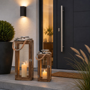 2er XL Holz-Laternen-Set Windlicht Gartenlaterne Edelstahldach