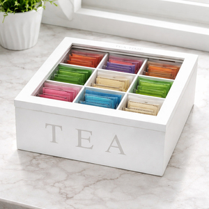 Teebox Holz Wei� Deckel 9-F�cher mit Aufschrift TEA