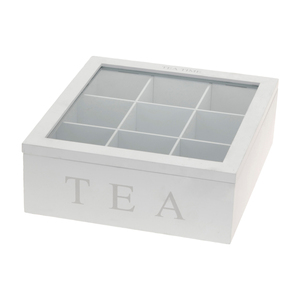 Teebox Holz Wei� Deckel 9-F�cher mit Aufschrift TEA