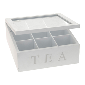 Teebox Holz Wei Deckel 9-Fcher mit Aufschrift TEA