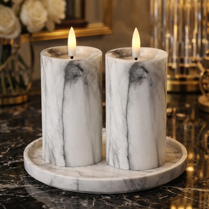 2er LED Kerze Stumpenkerze Marmor Optik flackern 7x12,5cm Batterie