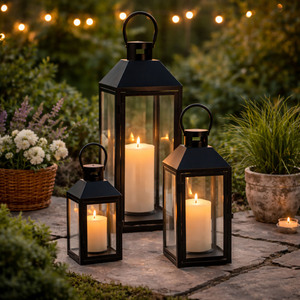 3er Gartenlaternen Laternen Metall Windlicht Schwarz H23/39/49cm 