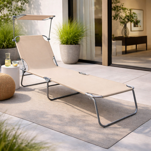 3-Bein Gartenliege Campingliege Beige 186x55x24cm mit Sonnenschutzdach