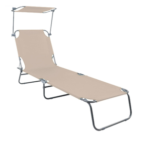 3-Bein Gartenliege Campingliege Beige 186x55x24cm mit Sonnenschutzdach