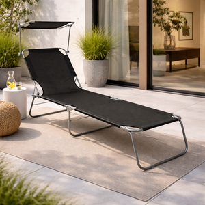 3-Bein Gartenliege Campingliege Schwarz 186x55x24cm  Sonnenschutzdach