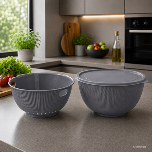 R�hrsch�ssel mit Deckel + Salatseiher Sieb Grau Kunststoff 3,7L