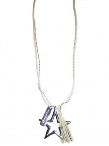 Halskette 80 cm, Bettelkette mit Metall-Stern und Lederfransen