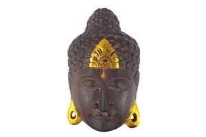 Buddha - Maske GOLD, handgearbeitete Holz-Maske aus Bali, Wandmaske