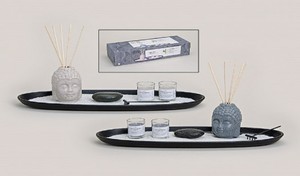 Raumduft-Set Buddha mit 12 Teilen, Zen-Garten, eine Schale mit Buddhakopf , Stbchen und Duftkerzen 