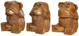 Die drei Affen, nichts hren, nichts sehen, nichts sagen, ca. 10 cm aus Soar-Holz, handgeschnitzt 