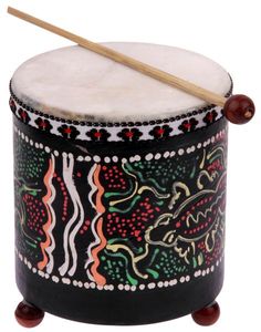 kleine Kindertrommel im Dot-PaintingDesign bemalt, mit kleinem Schlegel, H�he ca. 12 cm, Durchmesser ca. 10 cm
