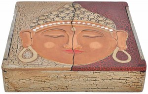 Schatulle aus leichten Albesia-Holz, handbemalt, Buddha oder Sonne 