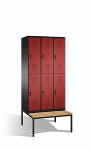 Spind | Doppelstock mit Sitzbank, 3 Abteile, 6 F�cher, Abteilbreite 300 mm
