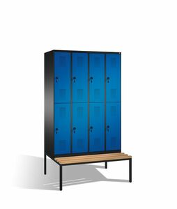 Spind | Doppelstock mit Sitzbank, 4 Abteile, 8 F�cher, Abteilbreite 300 mm