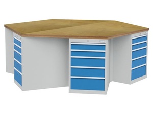 6-Eck-Werkbank, Gruppenarbeitsplatz, 6 x Schubladenschrank