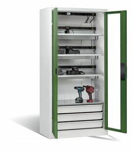 C+P Akku-Ladeschrank Comfort f�r 15 E-Werkzeuge H/B/T 1950x930x500 mm Lichtgrau/Resedagr�n