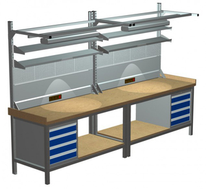 Werkbank | Kastenwerkbank mit Schubladenblock, Lochwand, Energieleiste und Beleuchtung, Breite 3000 mm