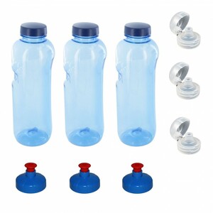 3x0,75 L Trinkflasche Wasserflasche aus Tritan + 3xTrinkdeckel Push-Pull + 3xTrinkdeckel Flip Top