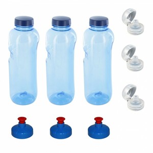 3x Original Kavodrink Tritan 0,75 L Trinkflasche Wasserflasche + 3xTrinkdeckel Push-Pull + 3xTrinkdeckel Flip Top