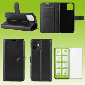 F�r Apple iPhone 12 Mini 5.4 Zoll Tasche Wallet Premium Schwarz Schutz H�lle Case Cover Etui + 0,26mm H9 2.5 Hart Glas