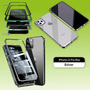 Beidseitiger 360 Grad Magnet / Glas Case Hlle Handy Tasche Bumper Silber fr Apple iPhone 12 Pro Max 6.7 Zoll