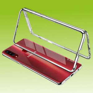 Beidseitiger 360 Grad Magnet / Glas Case Hlle Handy Tasche Bumper Silber fr Samsung Galaxy A20S A207F