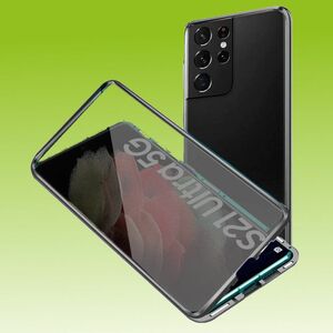 Beidseitiger 360 Grad Magnet / Glas Privacy Mirror Case Hülle Handy Tasche Bumper Schwarz für Samsung Galaxy S21 Ultra G998B