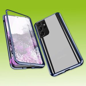 Beidseitiger 360 Grad Magnet / Glas Case H�lle Handy Tasche Bumper Blau f�r Samsung Galaxy S21 Ultra G998B