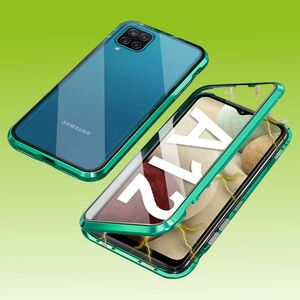 Beidseitiger 360 Grad Magnet / Glas Case Hülle Handy Tasche Bumper Grün für Samsung Galaxy A12 A125F