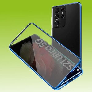 Beidseitiger 360 Grad Magnet / Glas Privacy Mirror Case H�lle Handy Tasche Bumper Blau f�r Samsung Galaxy S21 Ultra G998B