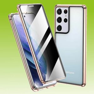 Beidseitiger 360 Grad Magnet / Glas Privacy Mirror Case Hlle Handy Tasche Bumper Gold fr Samsung Galaxy S21 Ultra G998B