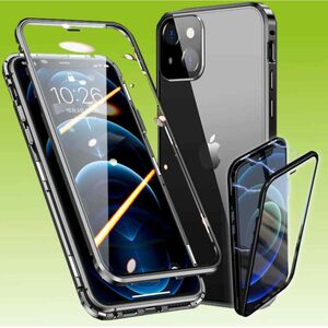 Für Apple iPhone 13 Beidseitiger 360 Grad Magnet / Glas Case Hülle Handy Tasche Bumper Schwarz 