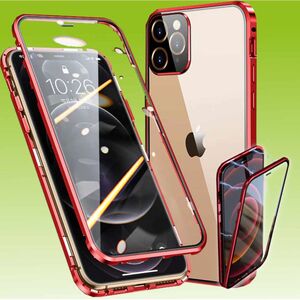 Fr Apple iPhone 13 Pro Beidseitiger 360 Grad Magnet / Glas Case Hlle Handy Tasche Bumper Rot 