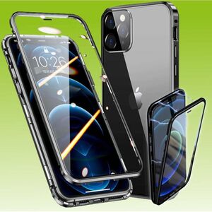 Fr Apple iPhone 13 Pro Beidseitiger 360 Grad Magnet / Glas Case Hlle Handy Tasche Bumper Schwarz 