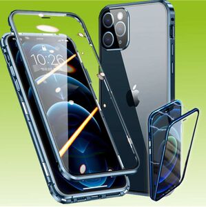 Fr Apple iPhone 13 Pro Beidseitiger 360 Grad Magnet / Glas Case Hlle Handy Tasche Bumper Blau 