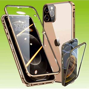 Für Apple iPhone 13 Pro Beidseitiger 360 Grad Magnet / Glas Case Hülle Handy Tasche Bumper Gold 