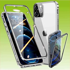 Fr Apple iPhone 13 Pro Max Beidseitiger 360 Grad Magnet / Glas Case Hlle Handy Tasche Bumper Silber 