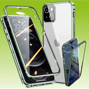 Für Apple iPhone 13 Beidseitiger 360 Grad Magnet / Glas Case Hülle Handy Tasche Bumper Grün 