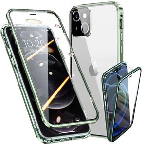 Für Apple iPhone 13 Beidseitiger 360 Grad Magnet / Glas Case Hülle Handy Tasche Bumper Grün 