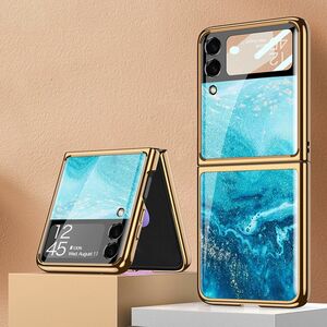 Für Samsung Galaxy Z Flip3 5G Electroplating Painted Glas Case Hart Cover Handy Tasche Hülle Etuis Blau