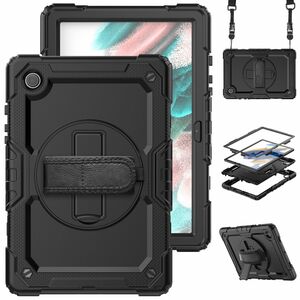 Fr Samsung Galaxy Tab A8 10.5 2021 X200 / X205 aufstellbare Outdoor Hybrid Schwarz 360 Grad mit Trage Gurt Tablet Tasche Etuis Cover Case Schutz Robust Neu